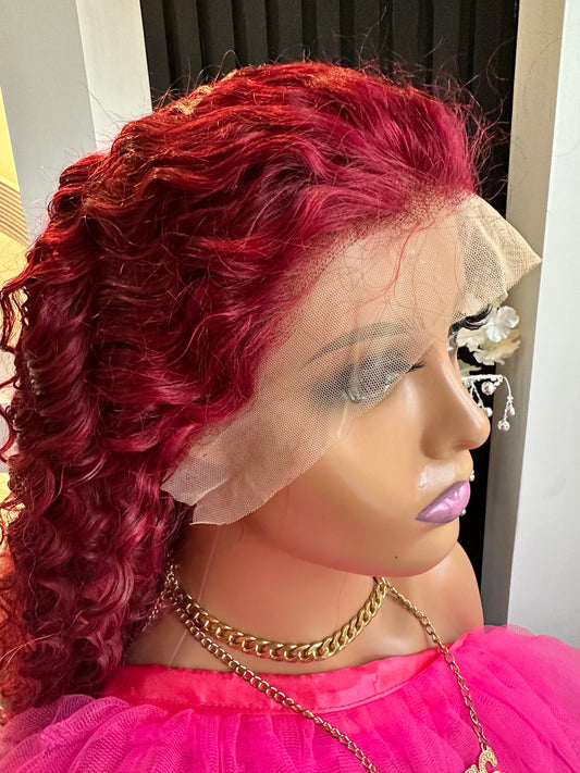 26" Red, loose deep lace front wig